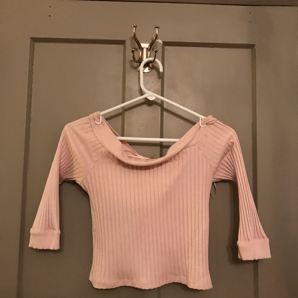 Topshop off the shoulder long sleeve pink shirt